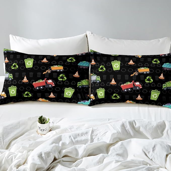 Erosebridal King Size Garbage Truck Comforter Set for Boys Girls Kids Cartoon Car Vehicles Bedding Comforter Sets Trash Can Waste Management Vehicle Duvet Set Refuse Classification Quilt 3 Piece