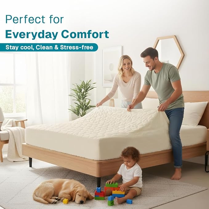 FABDREAMS Organic Quilted Mattress Protector King Size | Mattress Pad | Mattress Cover| Naturally Breathable | Noiseless| Fits up to 17" Deep Pockets| Temperature Regulating | Ivory