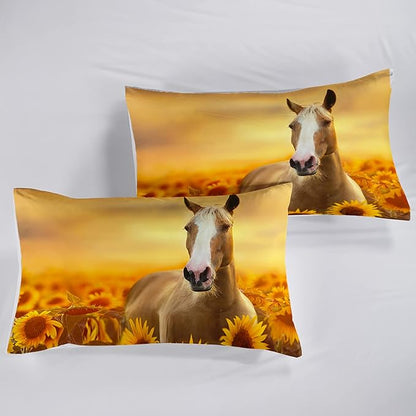 QOOMO Horse Comforter Full Size,Sunflower Horse Comforter Set for Kids Teens Girls Boys,3Pcs Bedding Set Printed Comforter with 2 Pillowcases,Soft and Lightweight，Full Size