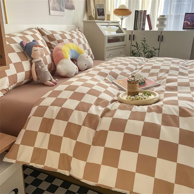 Wellboo Light Brown Plaid Comforter Sets Queen Women Men Cream Coffee and White Checkerboard Grid Bedding Comforters Cotton Boys Girls Modern Light Taupe Checkered Geometric Quilts Luxury Abstract Bed