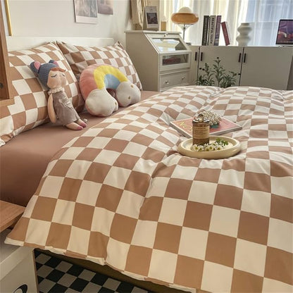 Wellboo Light Brown Plaid Comforter Sets Full Women Men Cream Coffee and White Checkerboard Grid Bedding Comforters Cotton Boys Girls Modern Light Taupe Checkered Geometric Quilts Luxury Abstract Bed