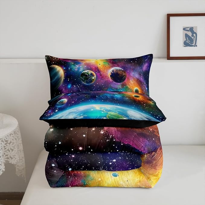 Feelyou Universe Galaxy Comforter Set Full Size Kids Planets Earth Bedding Set Boy Girl Teen Solar System Comforter Breathable Outer Space Duvet Set Nebula Quilt Set