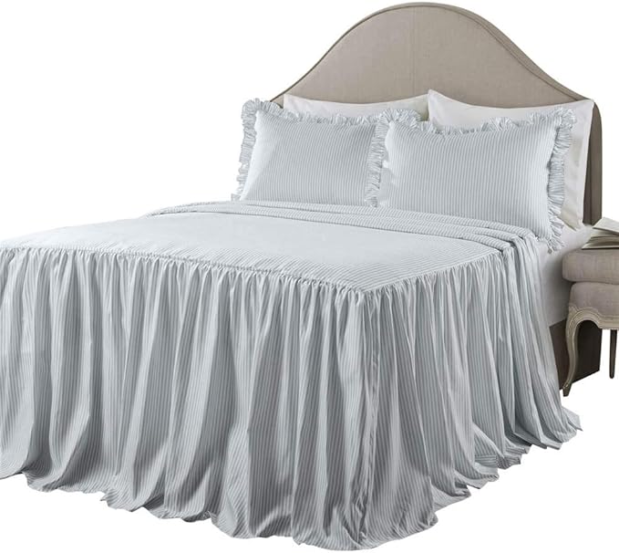 Lush Decor Ticking Stripe Bedspread Queen Size 3 Piece Set Lake Blue - Ruffle Bedding Set Queen Bedspreads - Striped Bedding - Farmhouse & Coquette Decor