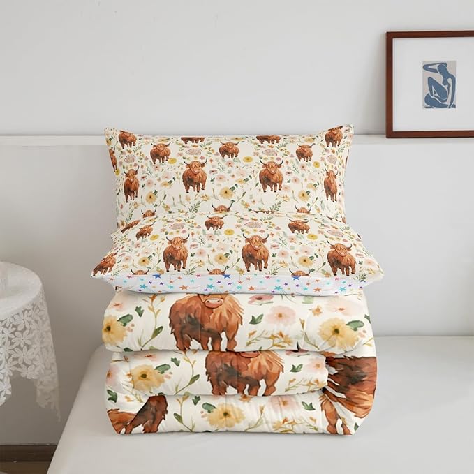Feelyou Highland Cow Comforter Set for Girls Boys Kids Toddler Size Soft Animal Comforter Room Decor Western Decor Bedding Set Straw Yellow Duvet Set