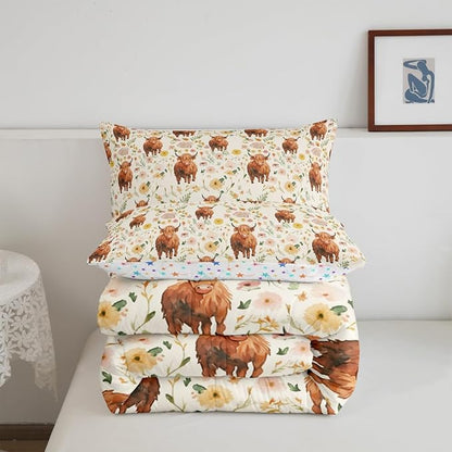 Feelyou Highland Cow Comforter Set for Girls Boys Kids Toddler Size Soft Animal Comforter Room Decor Western Decor Bedding Set Straw Yellow Duvet Set