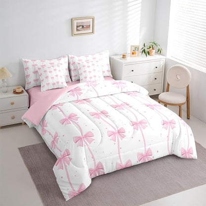Feelyou Pink Bow 7 Piece Bedding Set Pretty Bowknot Comforter Set with Sheets for Kids Boys Girls Pink White Bed in a Bag Cute Wave Dot Bed Set Soft Lightweight