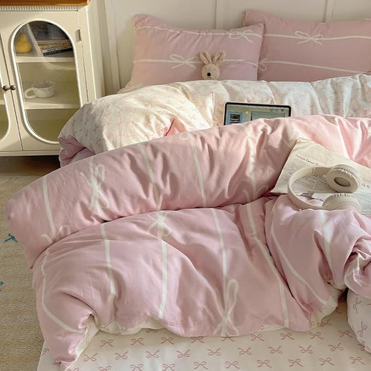Striped Duvet Cover Full Size Pink White Bow Stripes Bedding Set 3Pcs Kids Boys Girls Princess Style Kawaii Bowknot Comforter Cover with Zipper Closure & Corner Ties