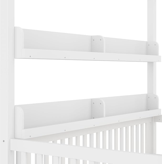 CZBZ Twin Size Canopy Floor Bed with Guardrails and Built-in Shelves, Solid Wood Montessori-Inspired Low Bed Frame, White