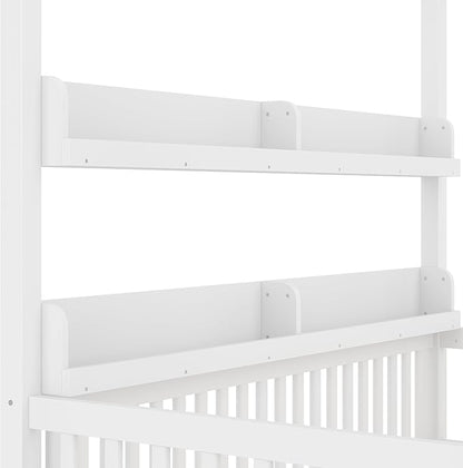 CZBZ Twin Size Canopy Floor Bed with Guardrails and Built-in Shelves, Solid Wood Montessori-Inspired Low Bed Frame, White