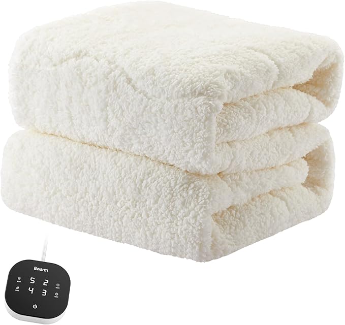 Bwarm Multizone Heated Mattress Pad Twin XL, Electric Mattress Pad Sherpa Fleece Bed Warmer with 9 Heat Settings, 1-12 Hours Auto Off Deep Pocket, Machine Washable, Wave White Twin XL 39" x 80"
