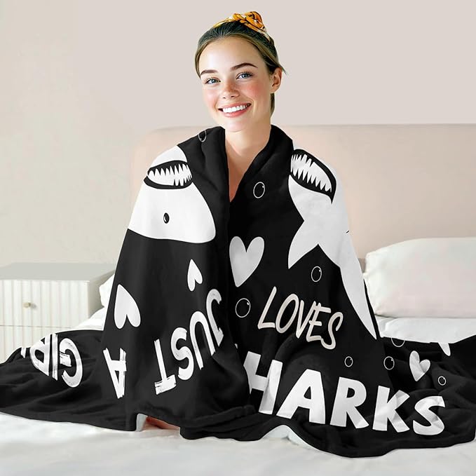 Shark Lover Blanket, Just A Girl Who Loves Sharks Blanket, Soft Warm Cozy Fleece Throw, Gifts for Girls Women Kids, 50"x60", Black