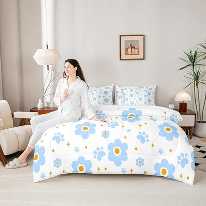 Feelyou Blue Flower 7 Piece Bedding Set Cute Dog Paw Print Comforter Set with Sheets for Kids Boys Girls Star Print Bed in a Bag Kawaii Bed Set Soft Lightweight