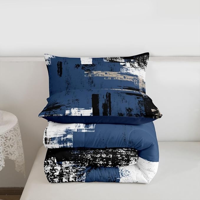 Feelyou Abstract Bedding Set Kids Modern Abstract Art Comforter Set Blue Black White Comforter for Boys Room Decor Lightweight Duvet Set Queen Size with 2 Pillow Case
