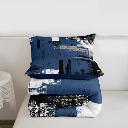Feelyou Abstract Bedding Set Kids Modern Abstract Art Comforter Set Blue Black White Comforter for Boys Room Decor Lightweight Duvet Set Queen Size with 2 Pillow Case