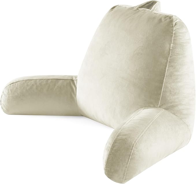Reading Pillow for Sitting in Bed Adult, Reading Pillow with Shredded Memory Foam, Bed Pillow with Washable Cover, Back Pillow Sitting Up with Extend Arms, Beige, Large