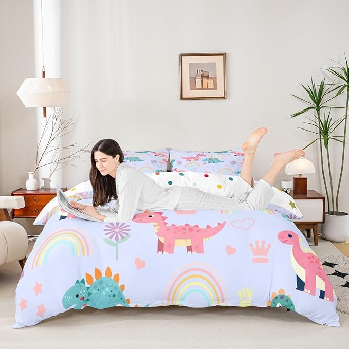 Kawaii Dino Duvet Cover Set Twin Size,Cute Rainbow Floral Love Heart Reversible Bedding Set Soft Bedroom Decor,Blue Pink Dinosaur Lovely Animal Polyester Quilt Cover (No Comforter), 2 Pcs