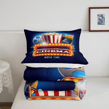 Castle Fairy Movie Theater Full Size Comforter Set,Vintage Cinema Ticket Bedding Set for Adults Teens,Children Popcorn Comforter Luxury Filmstrip Quilt Set Room Decor 3Pcs