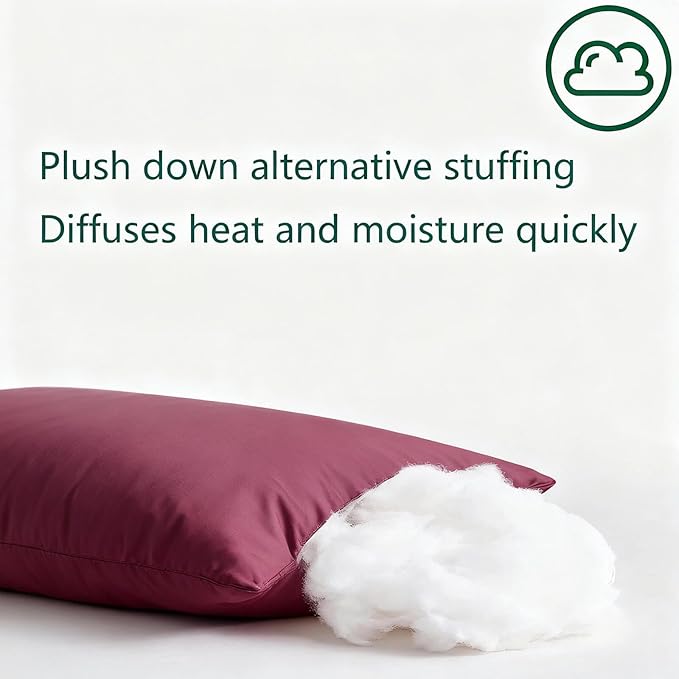 Flat Ultra Thin Bed Pillows Queen Size Pillow Set of 2 Extra Soft Down Alternative for Stomach Side Back Sleeper Burgundy 20x30inches