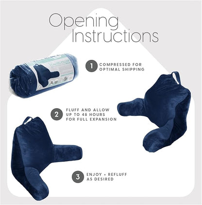 Milliard Reading Pillow with Arms, Navy Blue, Cozy Shredded Memory Foam Back Pillow for Bed Sitting Up - Sit Up Backrest Support for Reading & Rest Bed - Washable Cover, Adjustable Comfort, CertiPUR