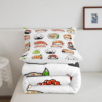 Feelyou Sushi Pattern Comforter Set Japanese-Style Bedding Set for Kids Boys Girls Teens Food Theme Comforter Cute Cartoon Japanese Sushi Duvet Set Room Decor Quilt Set King Size Microfiber