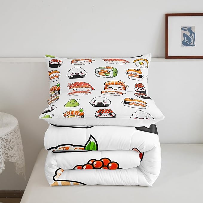 Feelyou Sushi Pattern Comforter Set Japanese-Style Bedding Set for Kids Boys Girls Teens Food Theme Comforter Cute Cartoon Japanese Sushi Duvet Set Room Decor Quilt Set Toddler Size Microfiber