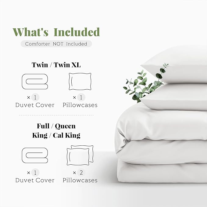 Tencel Duvet Cover Set, Twin/TwinXL Size Cooling Duvet Cover for Hot Sleepers, 100% Eucalyptus Lyocell, 2 Pieces, 1 Zipper Closure Duvet Cover (70" x 90") and 1 Pillowcases (20" x 30") - White