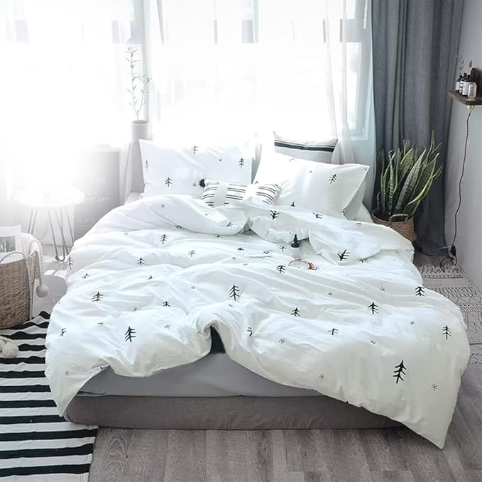 BuLuTu Kids Duvet Cover King Cotton White/Grey,Premium Boys Girls Bedding Sets King,Soft Comforter Cover Zipper Closure,Forest Tree Print Pattern,Super Soft,Breathable,No Comforter…