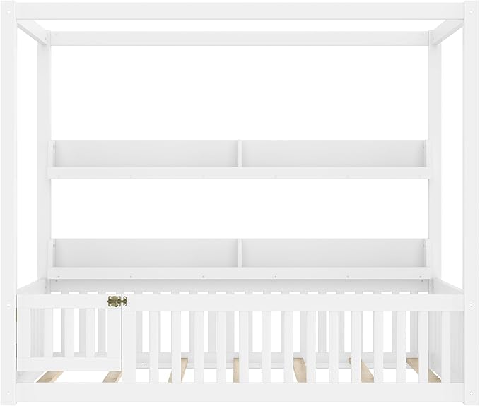CZBZ Twin Size Canopy Floor Bed with Guardrails and Built-in Shelves, Solid Wood Montessori-Inspired Low Bed Frame, White