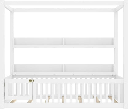 CZBZ Twin Size Canopy Floor Bed with Guardrails and Built-in Shelves, Solid Wood Montessori-Inspired Low Bed Frame, White