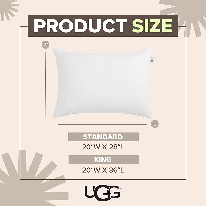 UGG Cooling Pillow Standard Size Pillow Hotel Style for Stomach, Back or Side Sleepers, Washable Cover Down Alternative for King Beds, 20-inch x 36-inch, White