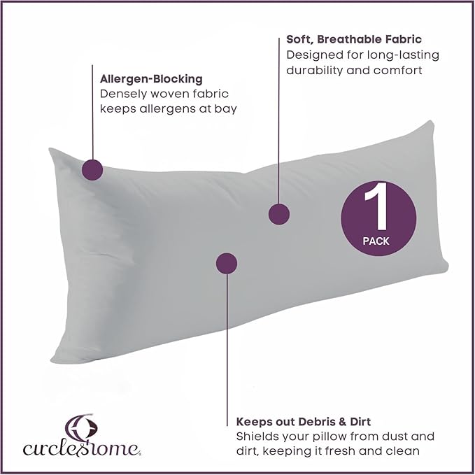 CirclesHome Pillow Protectors Single Pack Body (20 x 55) Zippered - 100% Cotton Breathable Pillowcases - Protects Pillows from Dirt, Dust and Debris (Body- Single Pack - 20x55)