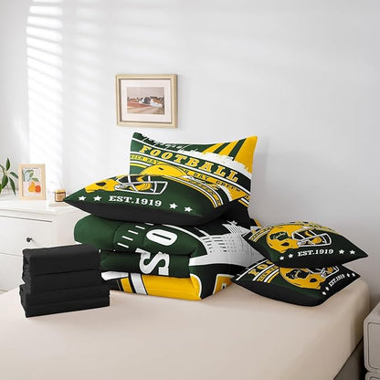 Erosebridal Football Seasonal King Bedding Sets for Boys Girls Adults Football Illustration Comforter + Flat Sheet + Fitted Sheet + 2 Pillowcases + 2 Throw Pillow Covers