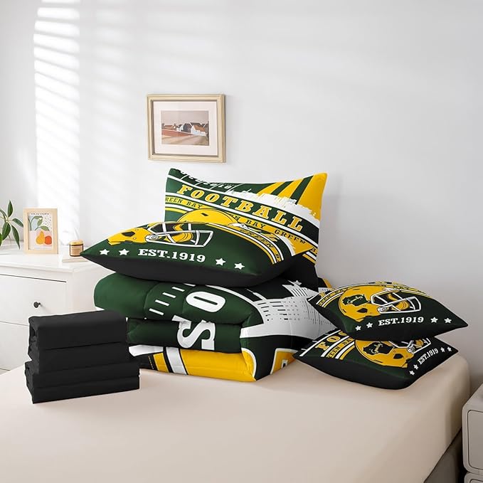 Erosebridal Football Seasonal Queen Bedding Sets for Boys Girls Adults Football Illustration Comforter + Flat Sheet + Fitted Sheet + 2 Pillowcases + 2 Throw Pillow Covers