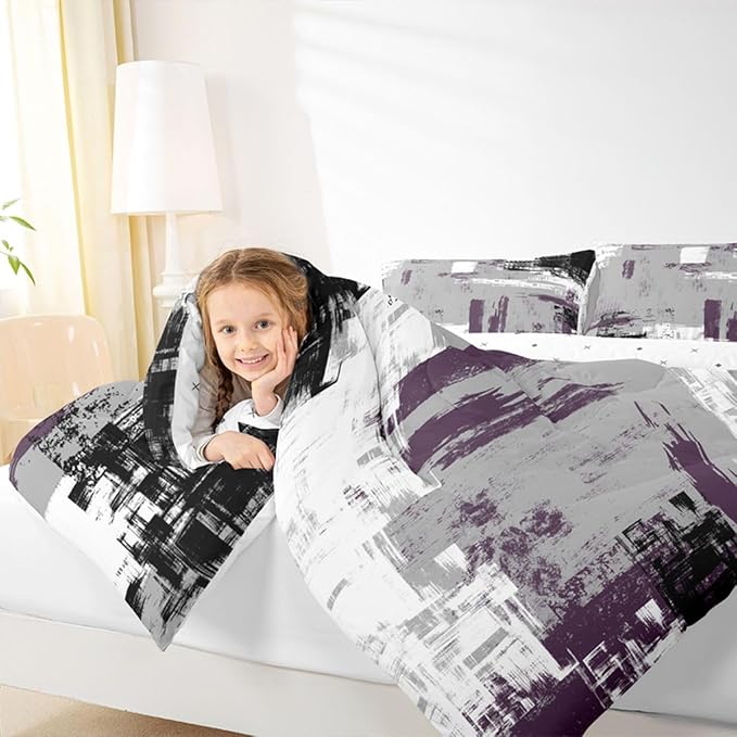 Feelyou Abstract Bedding Set Kids Modern Abstract Art Comforter Set Purple Grey Black Comforter for Boys Room Decor Lightweight Retro Duvet Set King Size with 2 Pillow Case