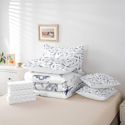 Aircraft Comforter Set With Sheets 7 piece Twin Size Kids Airplane Print Bedding Set Aircraft Flying Bed in a Bag Sketch Style Blue White Bed Set with Comforter,Sheets,Pillowcases,Cushion Covers