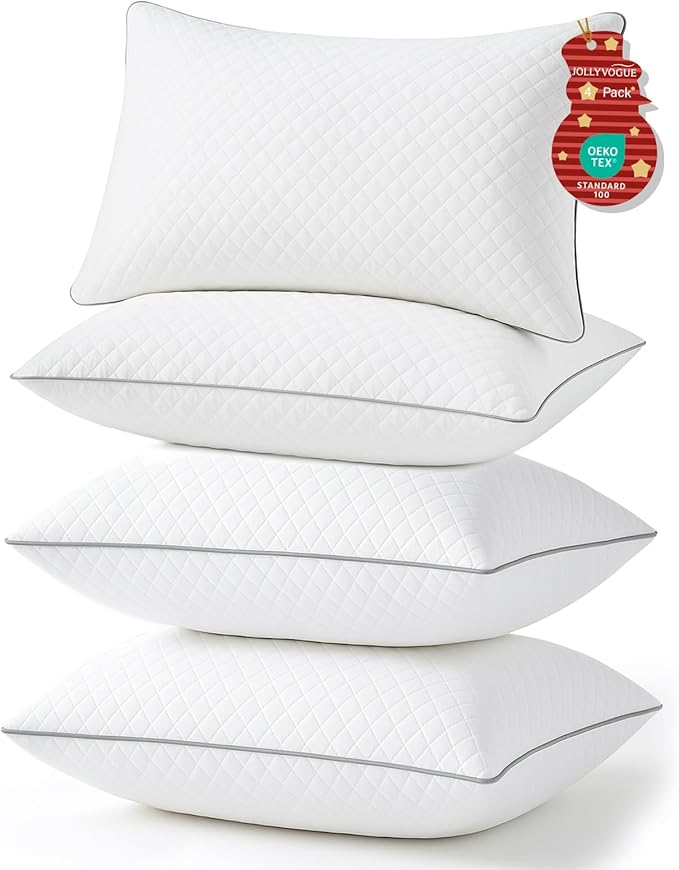 JOLLYVOGUE Pillows Queen Size Set of 4, Oeko-Tex Certified Bed Pillows for Side, Back, and Stomach Sleepers - Medium Support Down Alternative Filling, Machine-Washable