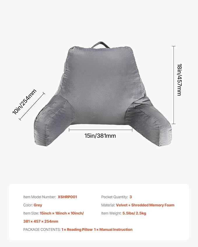 VEVOR Reading Pillow, Standard Size Back Pillow for Bed Sitting Up with 3 Pockets, Sitting Pillow for Bed with Shredded Memory Foam, Bed Chair Pillow for Watching TV, Reading, Gaming, Resting, Grey