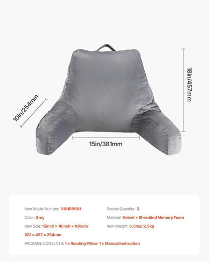 VEVOR Reading Pillow, Standard Size Back Pillow for Bed Sitting Up with 3 Pockets, Sitting Pillow for Bed with Shredded Memory Foam, Bed Chair Pillow for Watching TV, Reading, Gaming, Resting, Grey
