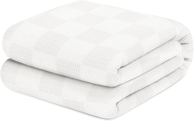 Avalon Bedding 100% Cotton Blankets Queen Size Thermal Blanket (90"x90") - Perfect Cotton Blanket Queen Size for Layering Bed in Any Season - Cotton Blankets for Bed (White)