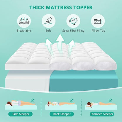 Full XL Mattress Topper - Extra Thick Mattress Pad Cover - Pillow Top with Soft Breathable Spiral Fiber Filling, 8-21 Inch Deep Pocket, Cooling, White
