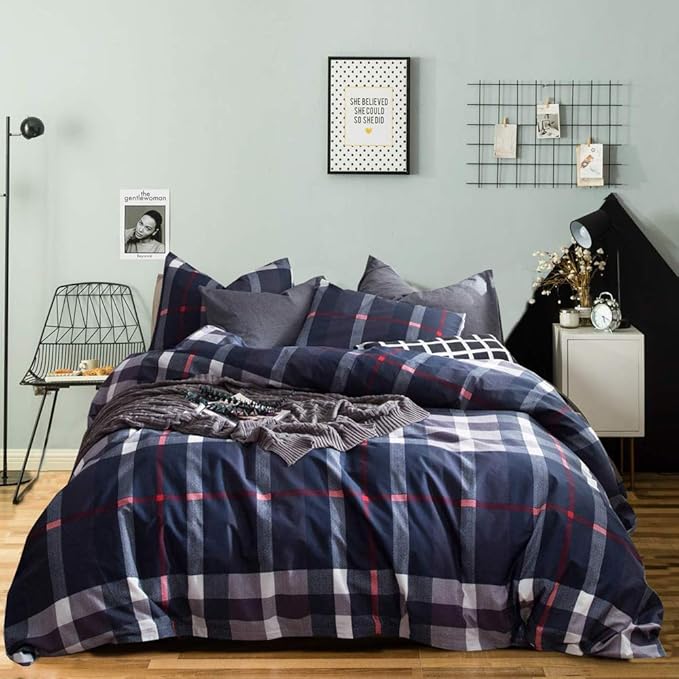 Wellboo Navy Blue Plaid Comforters Full Blue Geometric Tartan Bedding Comforters Cotton Women Men Preppy Buffalo Check Warm Quilts Vintage Blue Grid Blankets Farmhouse Down Alternative Bed