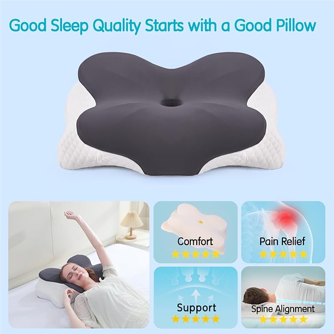 Cervical Pillow for Neck Pain Relief, Orthopedic Memory Foam Pillow with Cooling Case for Side, Back, Stomach Sleepers, Ergonomic Neck and Shoulder Support
