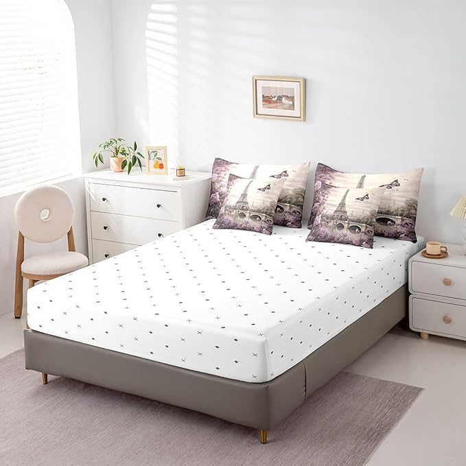 Feelyou Eiffel Tower Comforter Set with Sheets Full Size Paris 7 Piece Bedding Set for Kids Boys Girls Teens Toddler Purple Flower and Butterfly Bed in a Bag Vintage Retro Bed Set