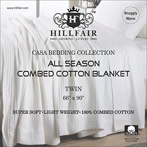 HILLFAIR 100% Combed Cotton Blanket– Twin XL Bed Blanket– Soft Cozy Warm Multipurpose Throws for Luxury Home Decor– 66 x 90 inch Twin XL Size Cotton Blankets for Beds- Blankets for All Season- White