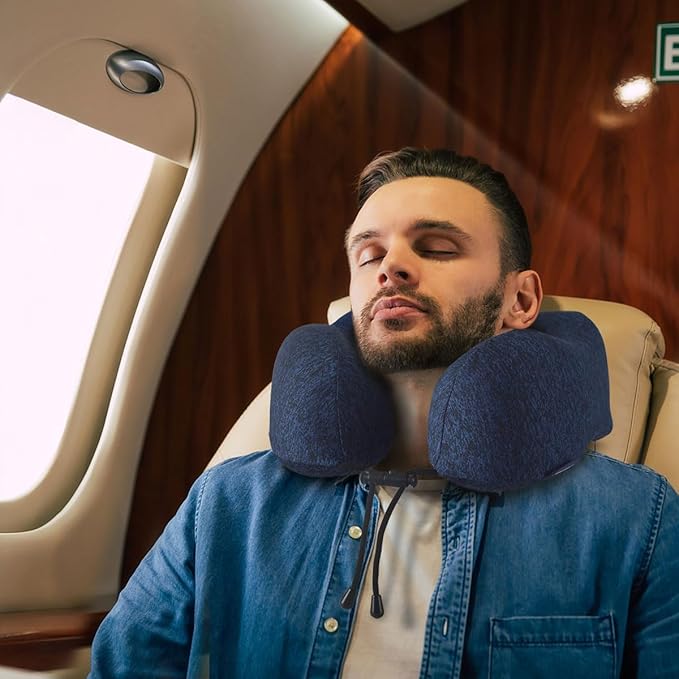 napfun Neck Pillow for Traveling, Upgraded Travel Neck Pillow for Airplane 100% Pure Memory Foam Travel Pillow for Flight Headrest Sleep, Portable Plane Accessories, Full Dark Blue