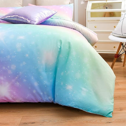 A Nice Night 6Pcs Gradient Glitter Bedding Set for Girls Full Size, Colorful Rainbow Galaxy Comforter Set, Ultra Soft Bedding Sets, Pink