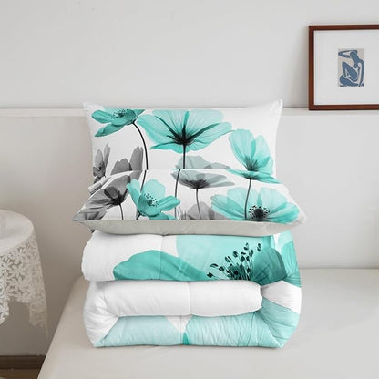 Erosebridal Teal Floral Toddler Bedding Set,Teal and Grey Flower Comforter Set for Kids Girls,Farmhouse Flowers Quilt,Boho Flowers Wildflower Bedroom Decor with 1 Pillowcase,Ultra Soft