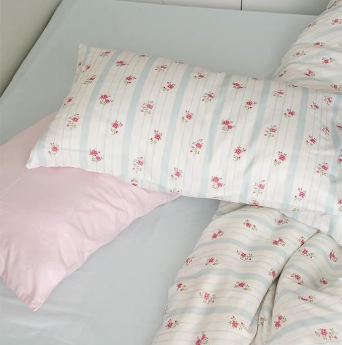 Blue White Striped Duvet Cover Queen Size Romantic Floral Bedding Set with Red Rose 3 Pcs Stripes Aesthetic Botanical Flower Comforter Set for Kids Boys Girls Women