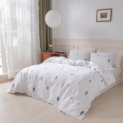 BuLuTu Kids Duvet Cover Twin Cotton White/Grey,Premium Boys Girls Bedding Sets Twin,Single Bed Comforter Cover Zipper Closure,Forest Tree Print Pattern,Super Soft,Breathable,No Comforter