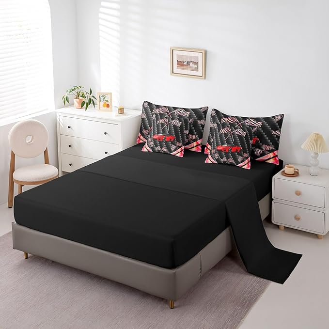 Feelyou Red Race Car 7 Piece Bedding Set King Size Extreme Sports Comforter Set with Sheets for Kids Teens Adult Fast and Furious Bed in a Bag Dazzling Flag Bed Set